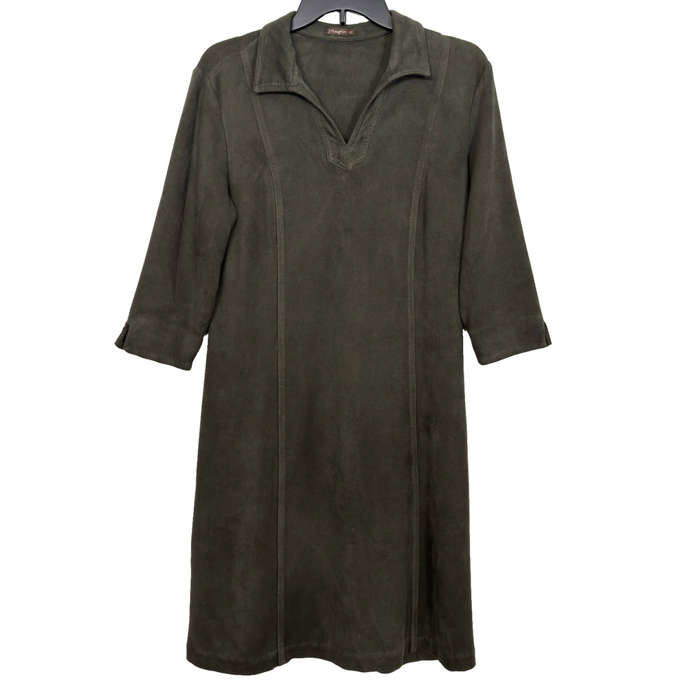 J McLaughlin Faux Suede Sheath Dress V Neck Medium Olive Green 3/4 Sleeve Soft